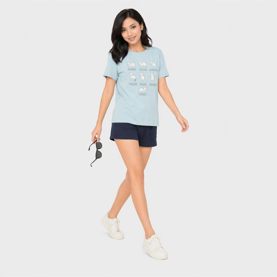 Women Light Blue Cotton Round Neck Regular T-Shirt, नीला, large