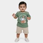 Infants' Olive Cotton Round Neck Printed Baba Suit, Olive, small