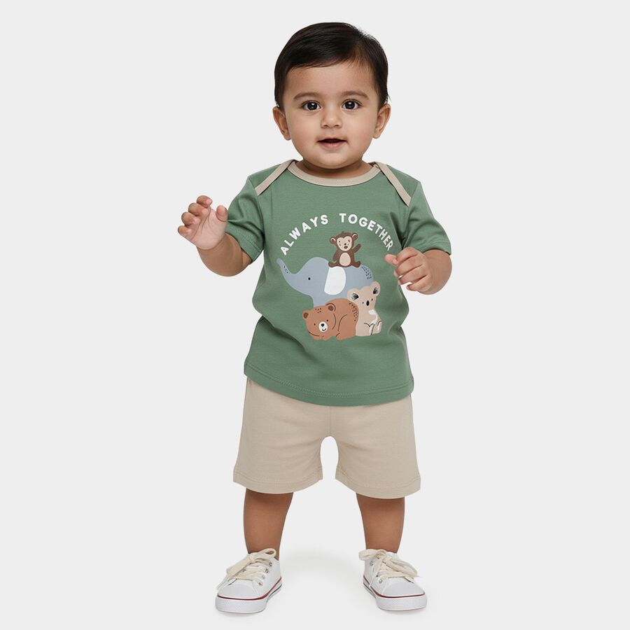 Infants' Olive Cotton Round Neck Printed Baba Suit, Olive, large