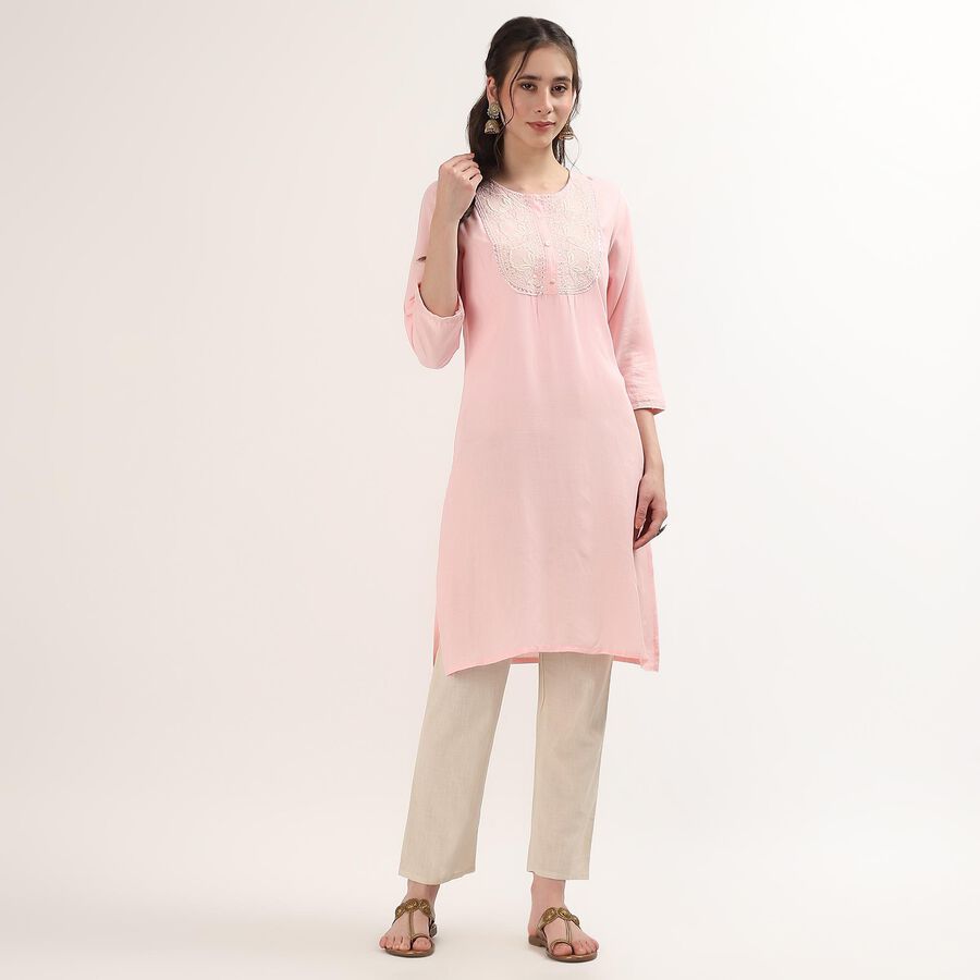 Women's Pink Mandarin Collar Floral Printed Straight Kurta, हल्का गुलाबी, large