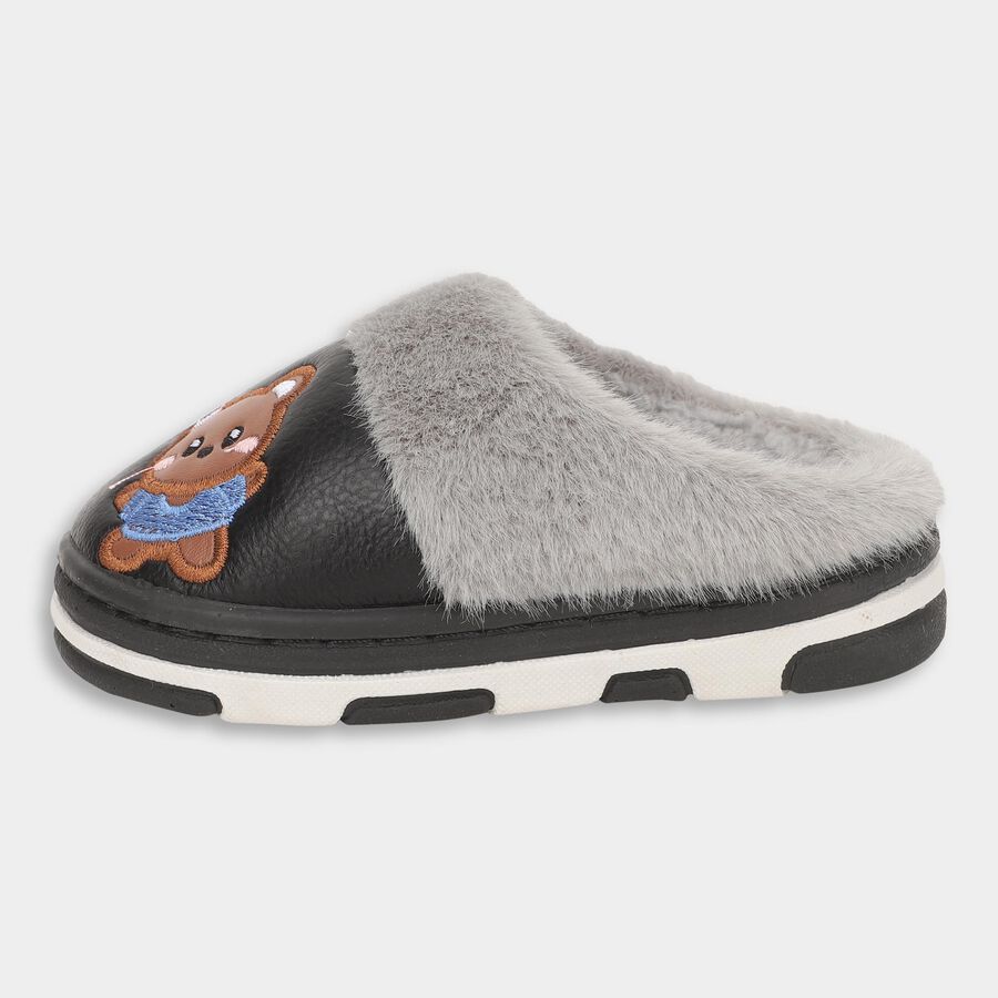 Kids Jet Black and Light Grey Fur Lined Slip-On Winter Slippers, काला, large image number null