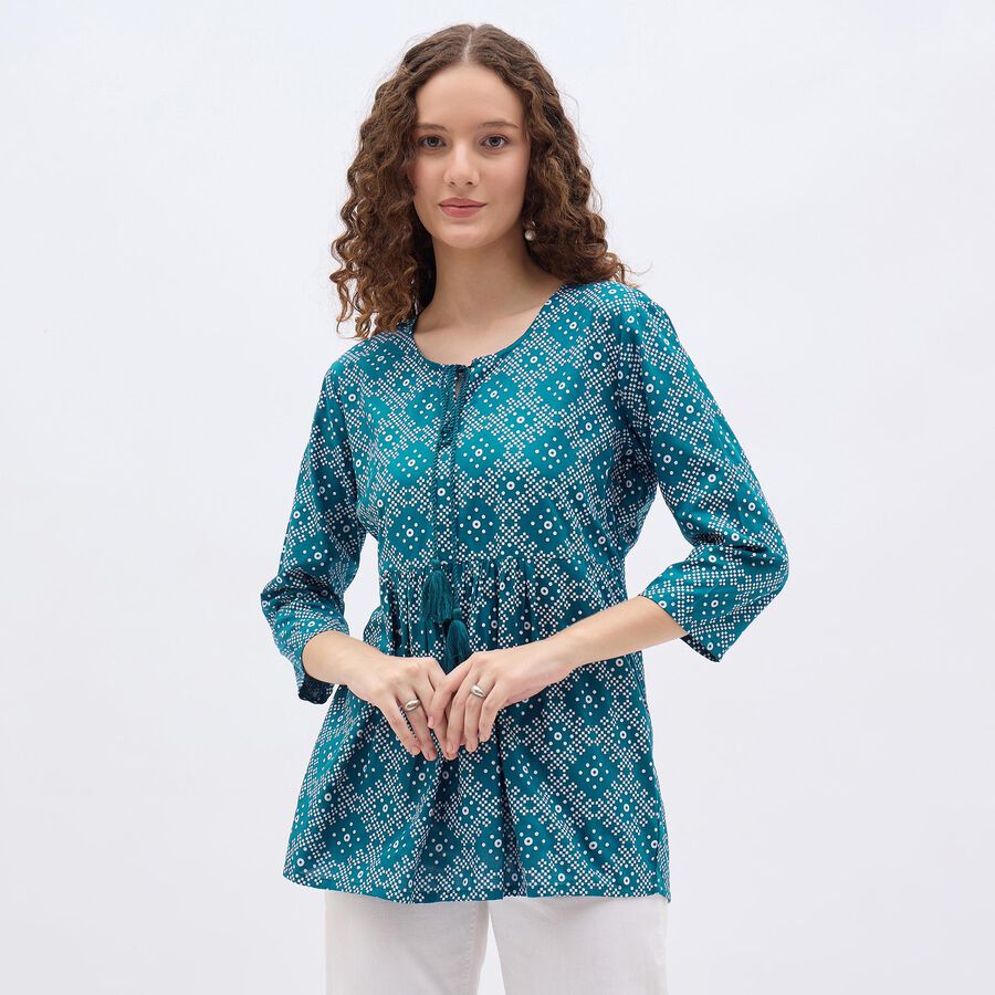 Ladies' Bright Peacock Blue Round Neck Printed Kurti, Teal Blue, large image number null