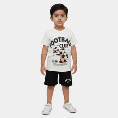 Boys White Round Neck Football Printed Baba Suit