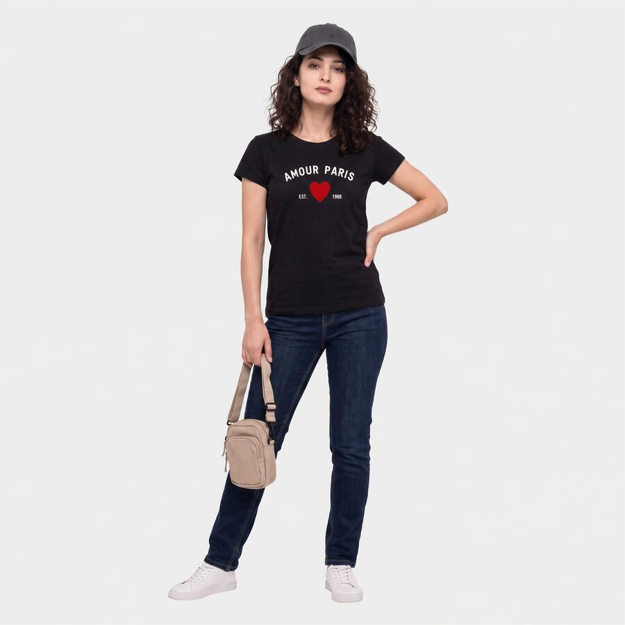 Women Black Round Neck Regular T-Shirt, Black, large