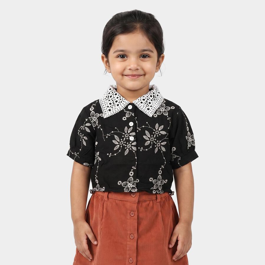 Girls Black Collar Neck Regular T-Shirt, काला, large