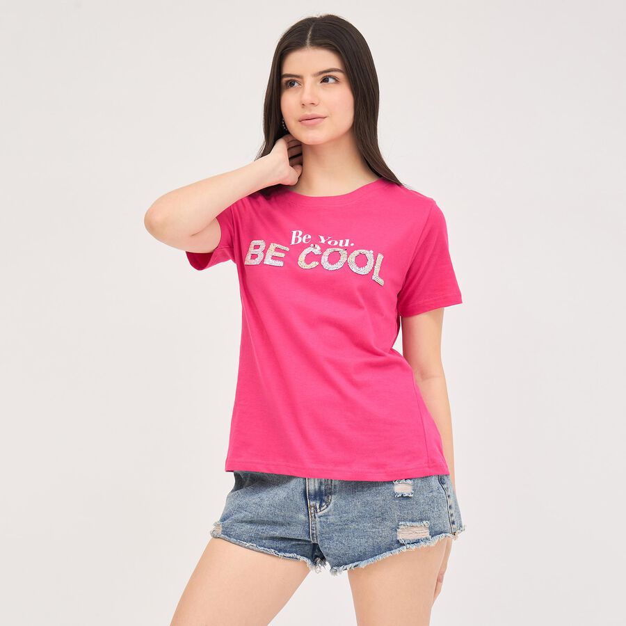 Ladies' 100% Cotton Round Neck T-Shirt, रानी (फ्यूशिया), large image number null