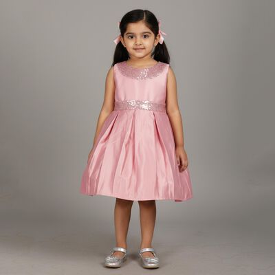 Girls' Soft Pink Sequin Sleeveless Party Wear Frock