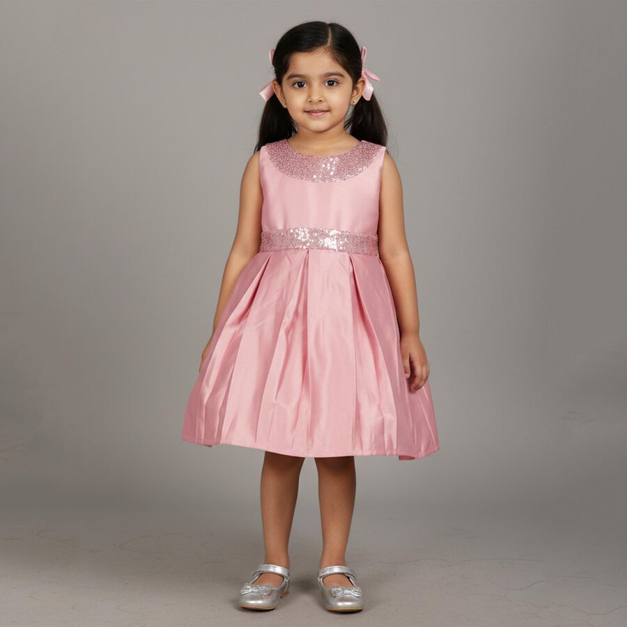 Girls' Soft Pink Sequin Sleeveless Party Wear Frock, हल्का गुलाबी, large image number null