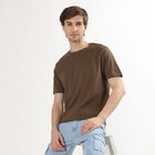 Men's Deep Brown Cotton Round Neck Solid T-Shirt, Khaki, small