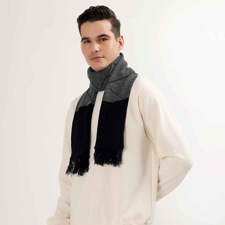 Men's Dark Charcoal Black Acrylic Geometric Muffler, Black, large image number null