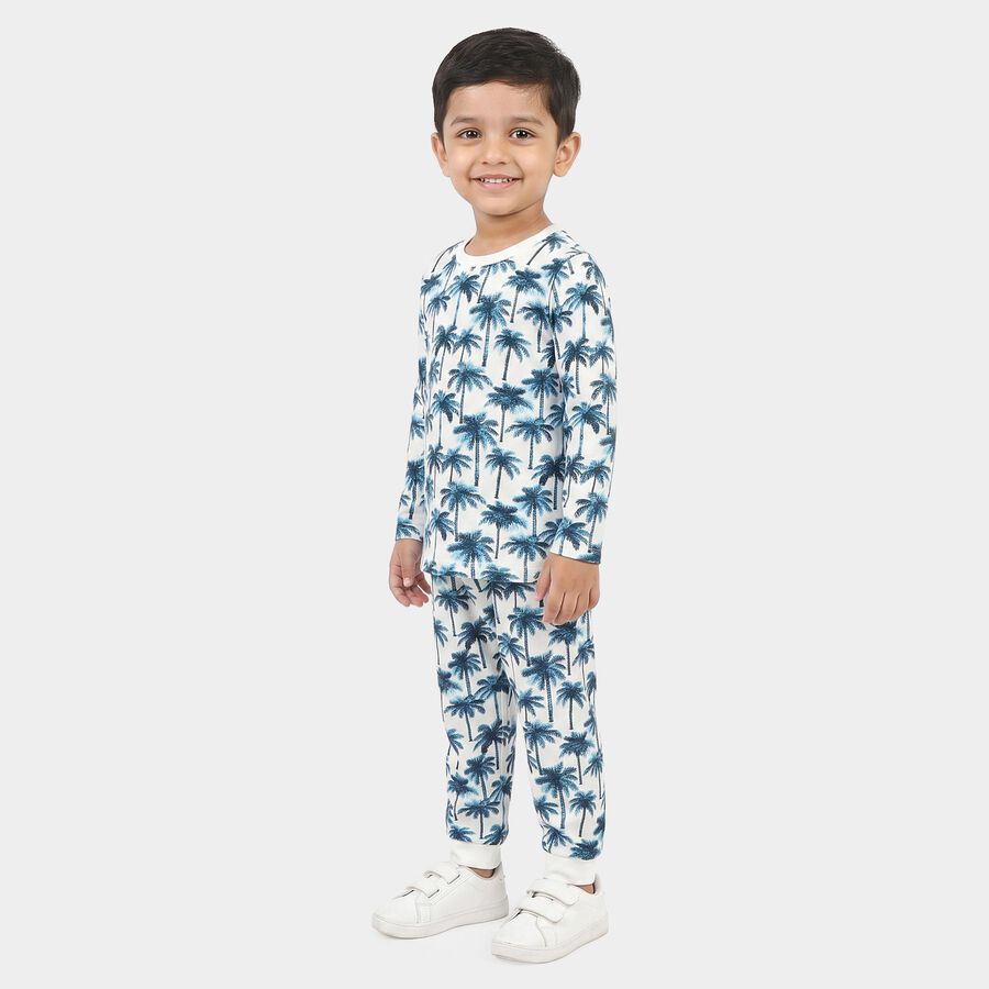 Boys White 100% Cotton Round Neck Palm Print Baba Suit, White, large