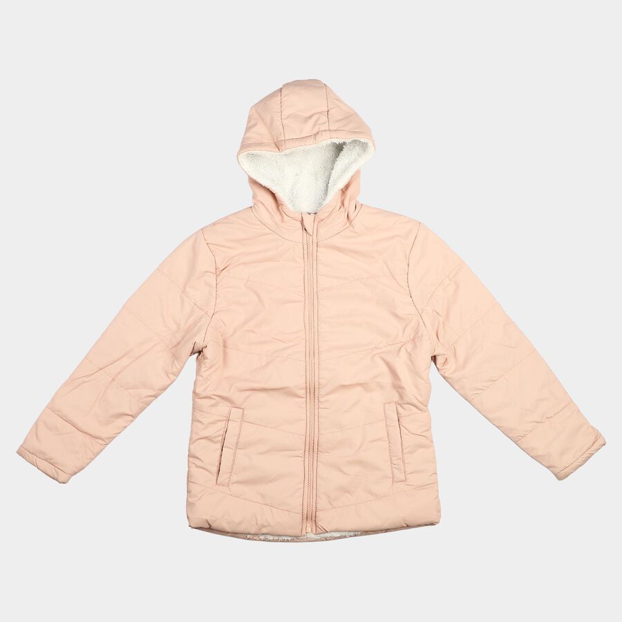 Girls' Pink Hooded Puffer Jacket, गुलाबी, large