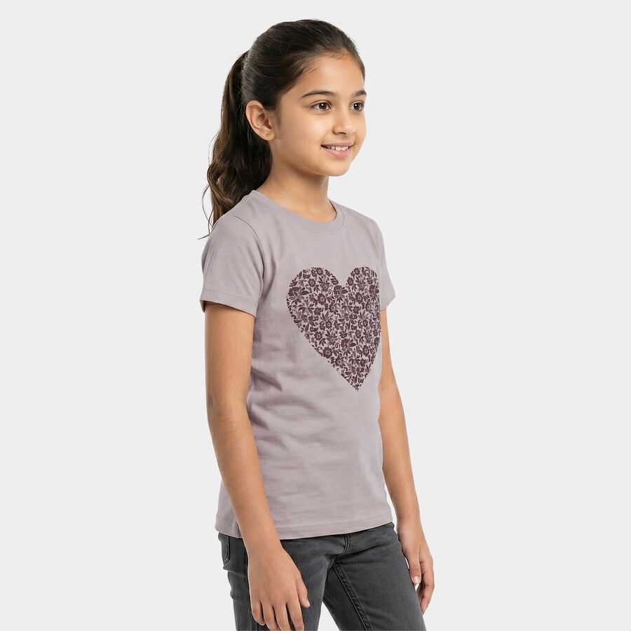 Girls Beige Round Neck Regular T-Shirt, Beige, large