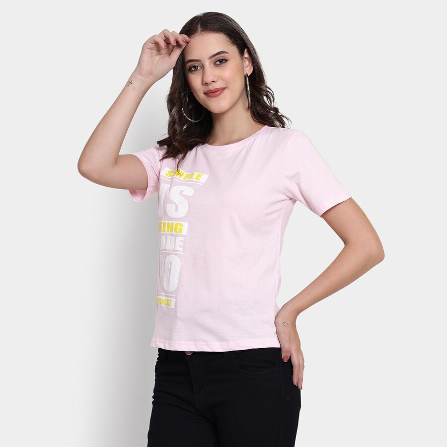 Ladies' 100% Cotton Round Neck T-Shirt , हल्का गुलाबी, large image number null