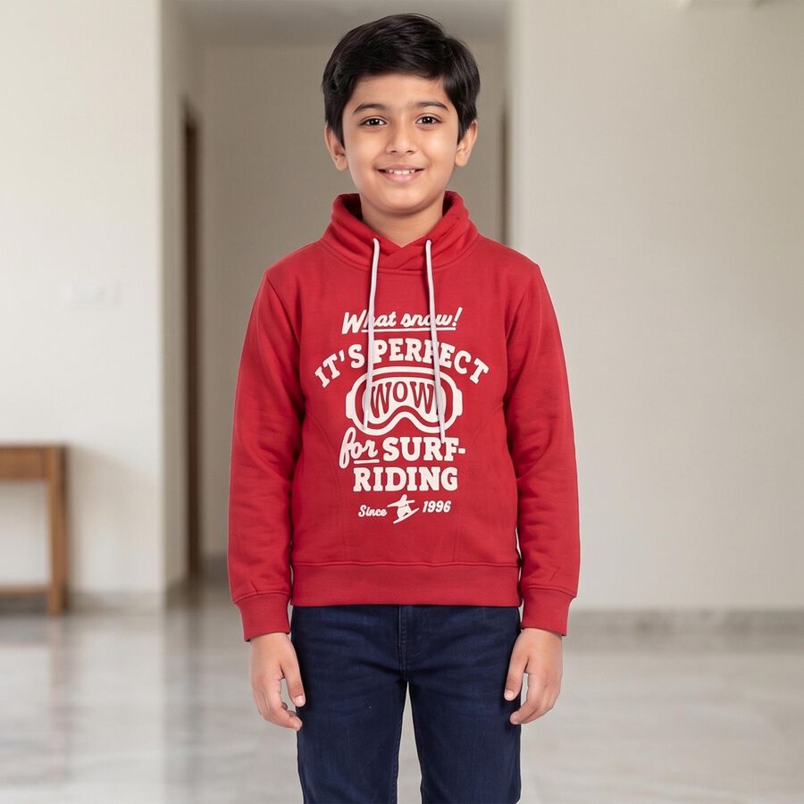 Boys' Red Funnel Neck Pullover Sweatshirt, मरून, large
