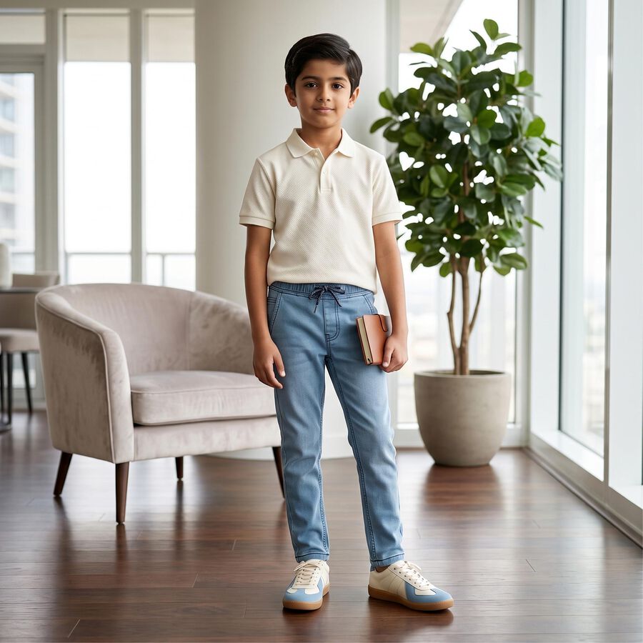 Boys Light Blue Straight Fit Drawstring Waist Jeans, हल्का नीला, large