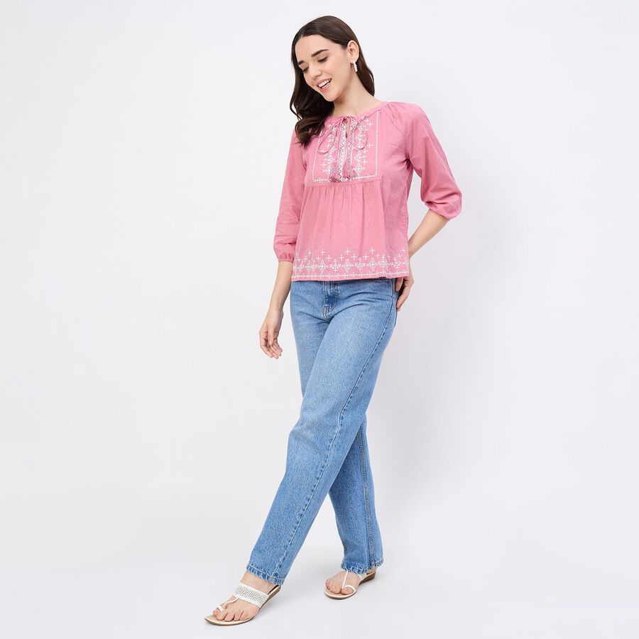 Women's Bright Fuchsia Pink Cotton High Neck Romantic Top, Pink, large