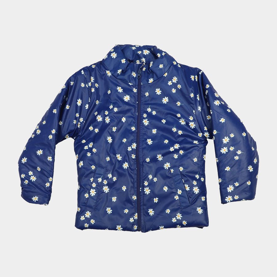 Girls' Navy Blue Stand Collar Puffer Jacket, Navy Blue, large