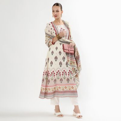 Women's Eggshell White Floral Printed Ethnic Set