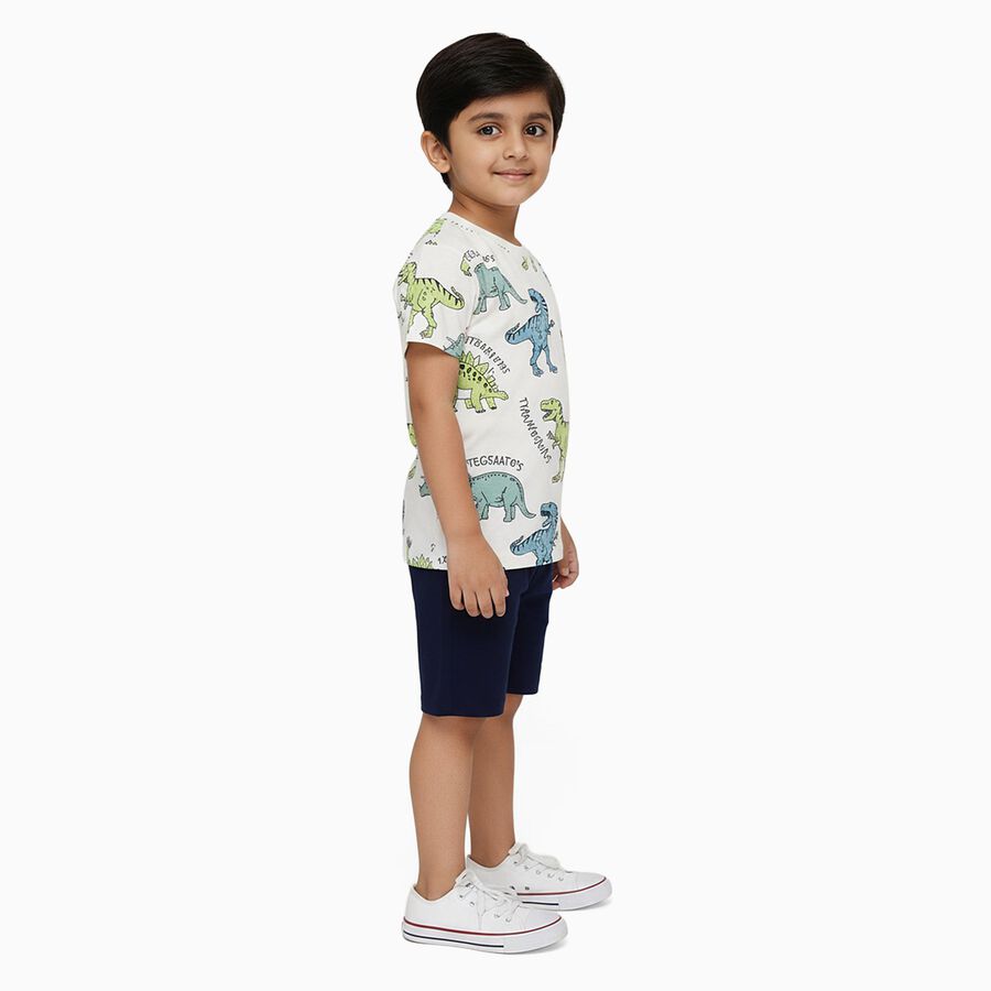 Boys' Off White Cotton Round Neck Dinosaur Printed Baba Suit, Off White, large image number null