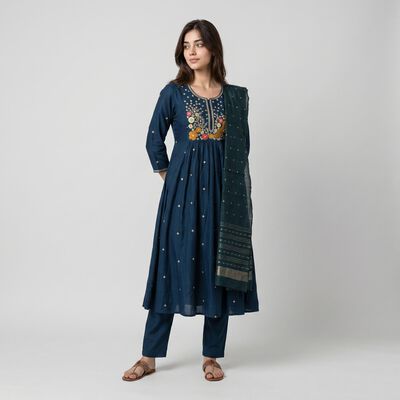 Women's Navy Blue Embroidered Ethnic Set