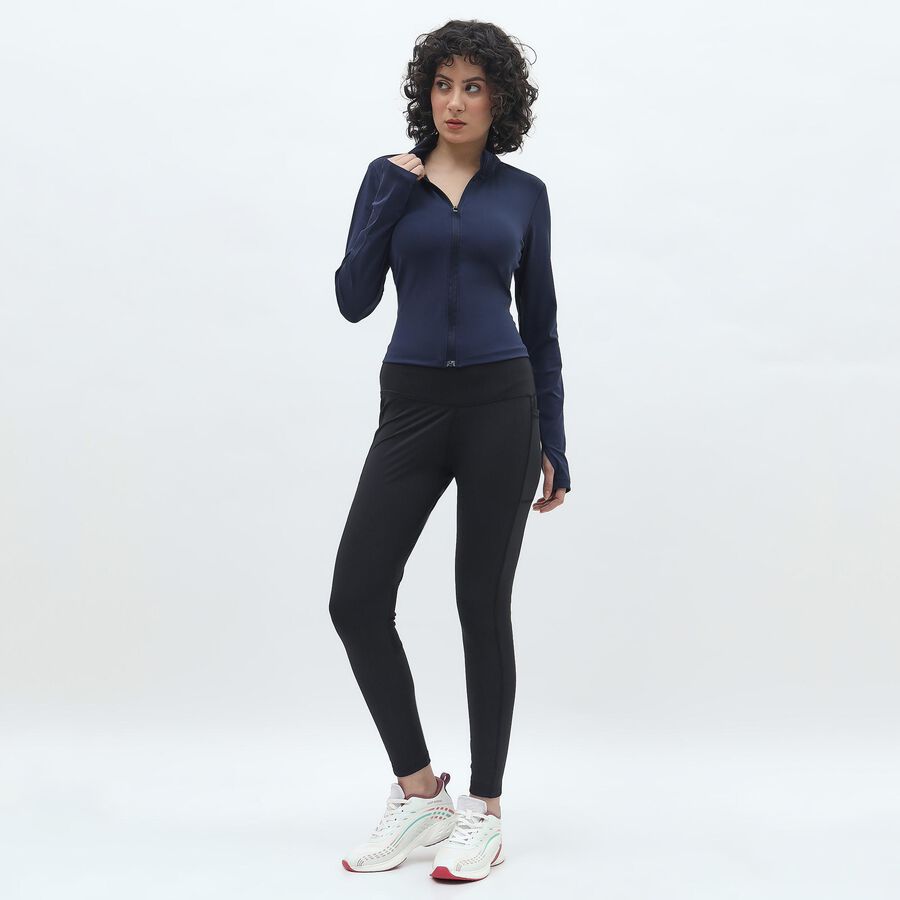 Women's Deep Midnight Navy High Neck Athleisure Jacket, Navy Blue, large image number null