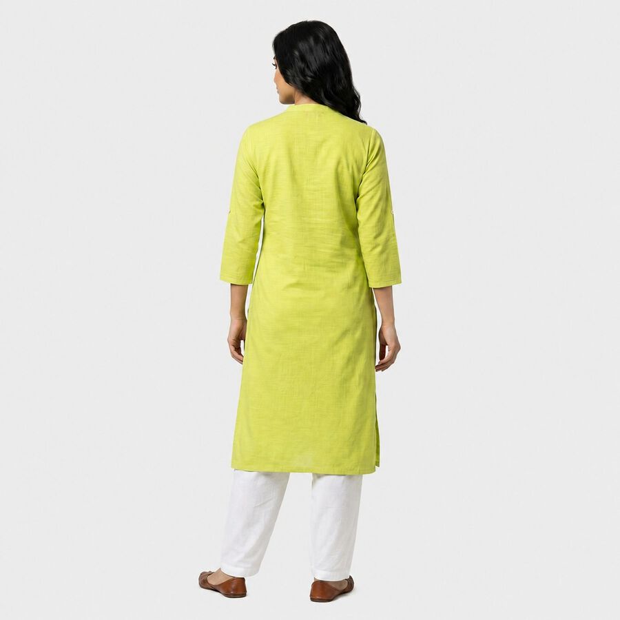 Women's Green Cotton Mandarin Collar Solid Straight Kurta, हल्का हरा, large