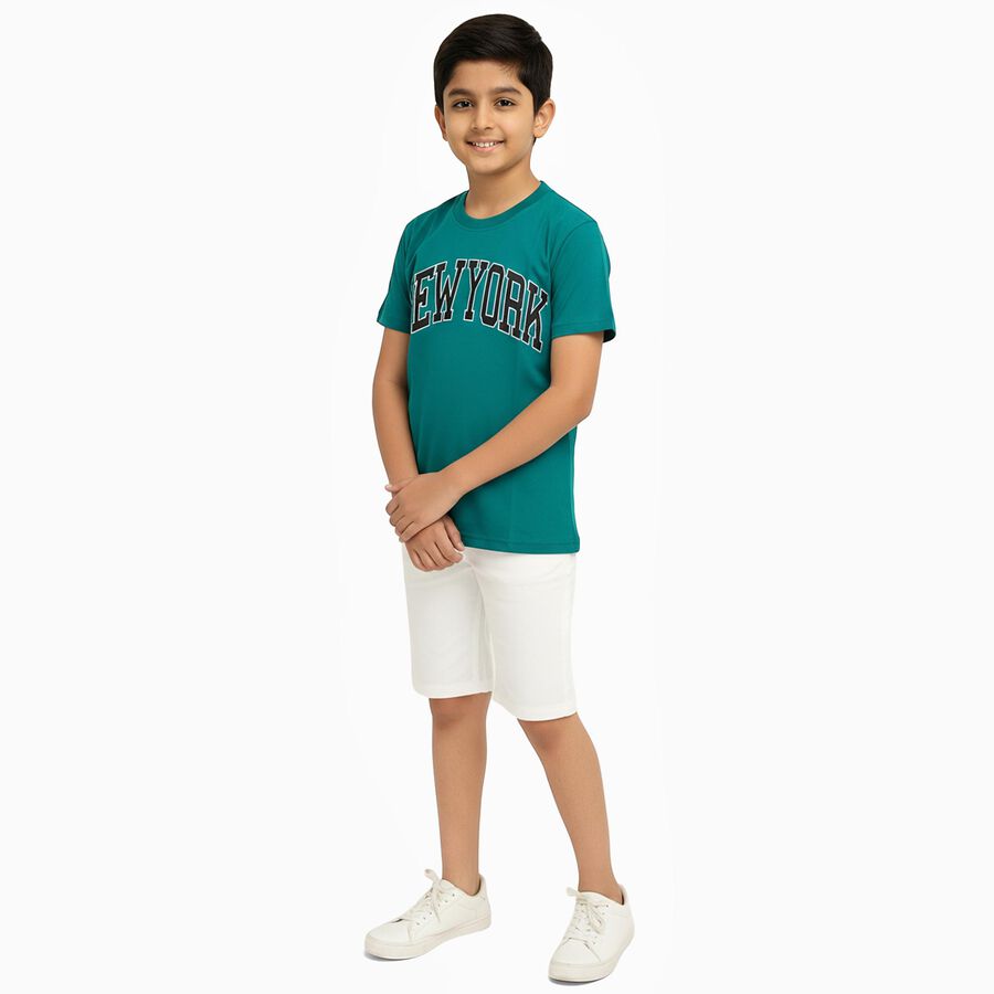 Boys Vibrant Teal Green Crew Neck Casual T-Shirt, गहरा हरा, large image number null