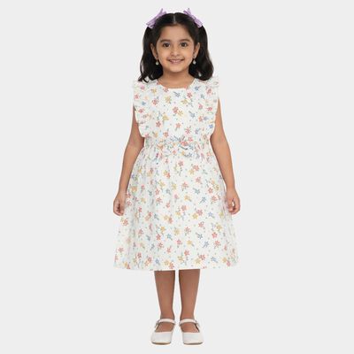 Girls' Soft White Floral Printed Sleeveless Frock