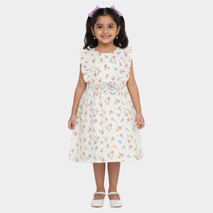 Girls' Soft White Floral Printed Sleeveless Frock, Off White, large