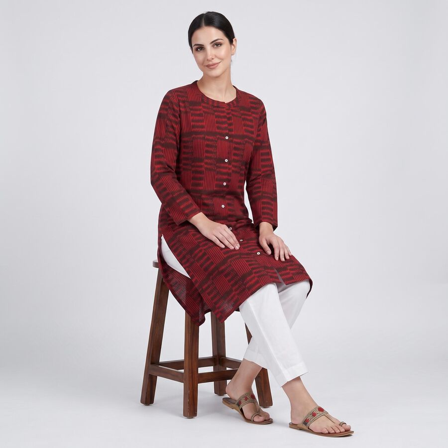 Women's Maroon Cotton Round Neck Printed Straight Kurta, Maroon, large