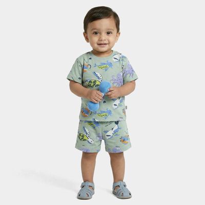 Infants' Light Green Cotton Round Neck Printed Baba Suit