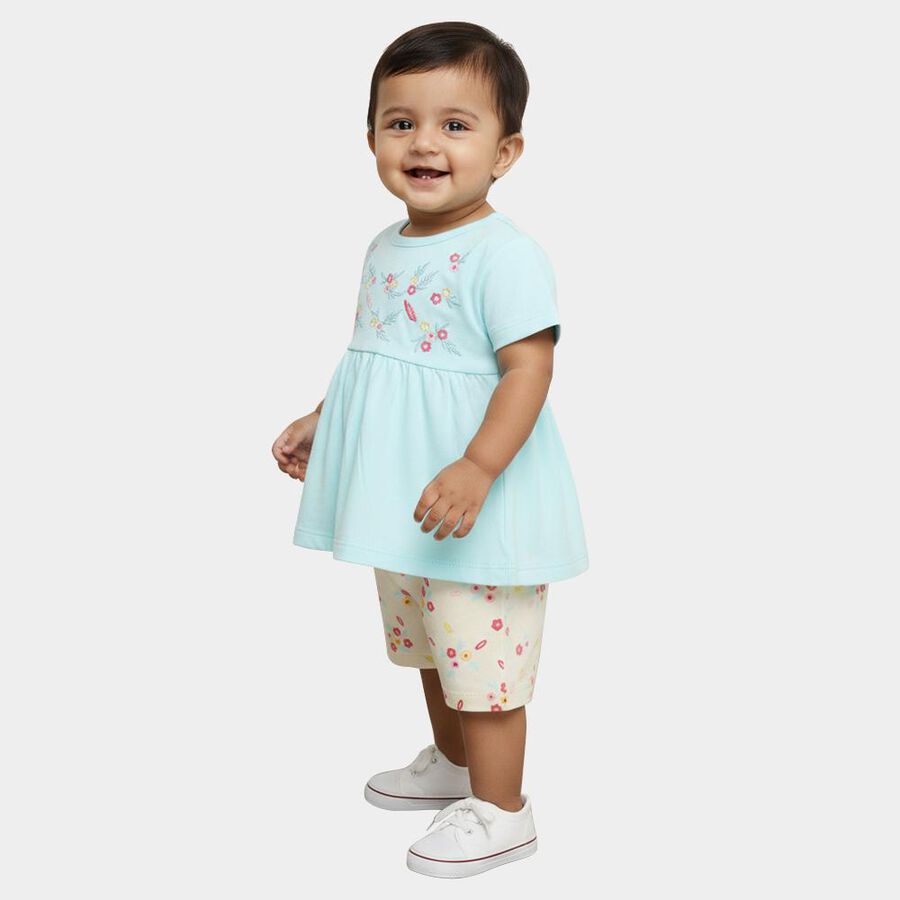 Infant Girl Pastel Blue Cotton Embroidered Top and Floral Shorts Set, Aqua, large