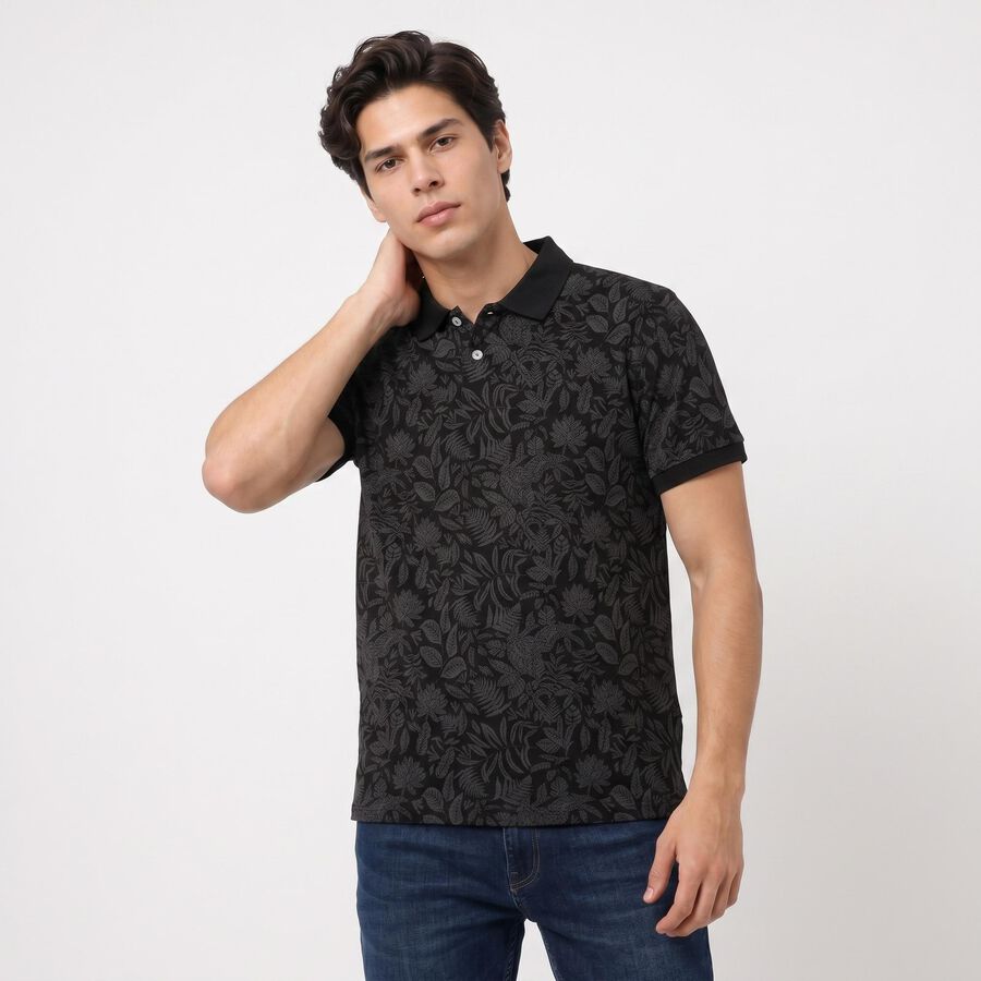 Men's Black Cotton Polo Neck Floral Printed T-Shirt, काला, large