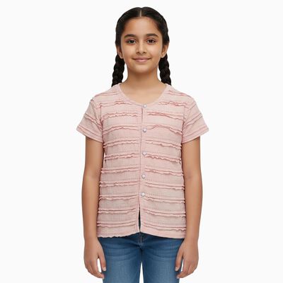 Girls Pale Peach Round Neck Casual T-Shirt