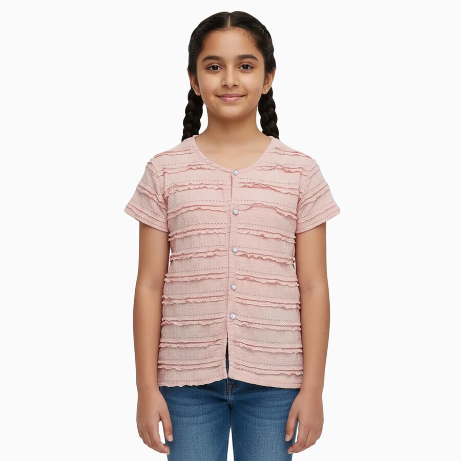 Girls Pale Peach Round Neck Casual T-Shirt, पीच, large