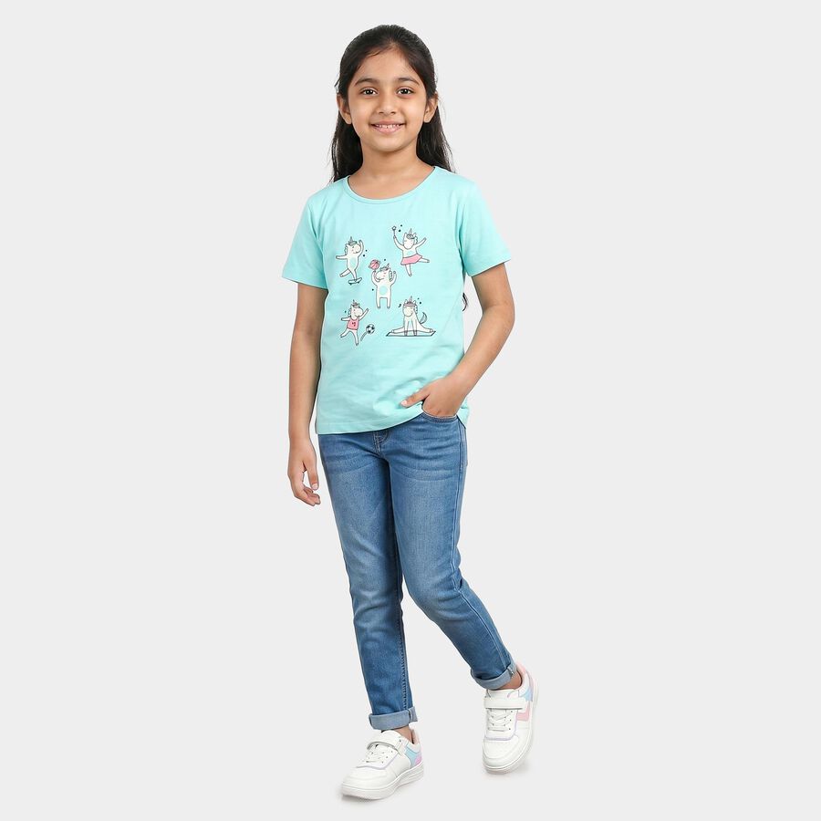 Girls' Aqua Cotton Blend Round Neck Regular T-Shirt, Aqua, large