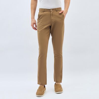 Men's Camel Brown Slim Fit Flat-Front Casual Trousers