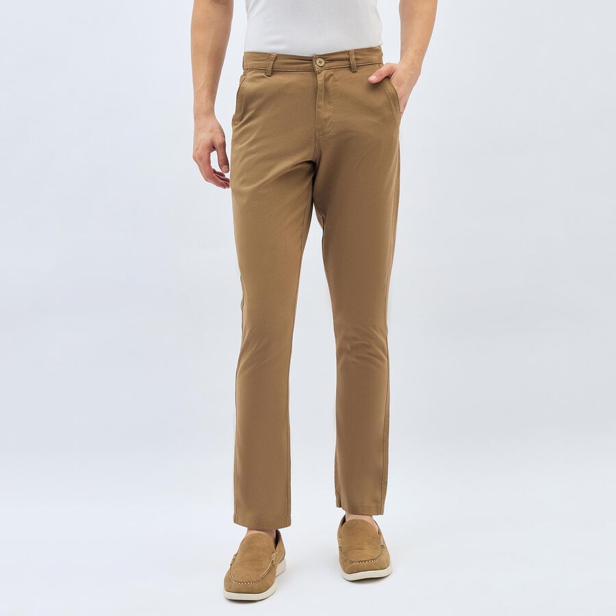 Men's Camel Brown Slim Fit Flat-Front Casual Trousers, Khaki, large