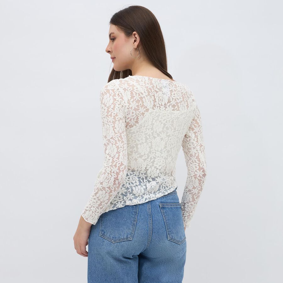 Women's White Round Neck Romantic Lace Top, White, large
