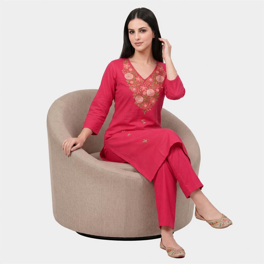 Women's Fuchsia 100% Cotton Embroidered Ethnic Set, Fuchsia, large