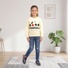 Girls' Cream Crew Neck Graphic Print Sweatshirt, ऑफ व्हाइट, small
