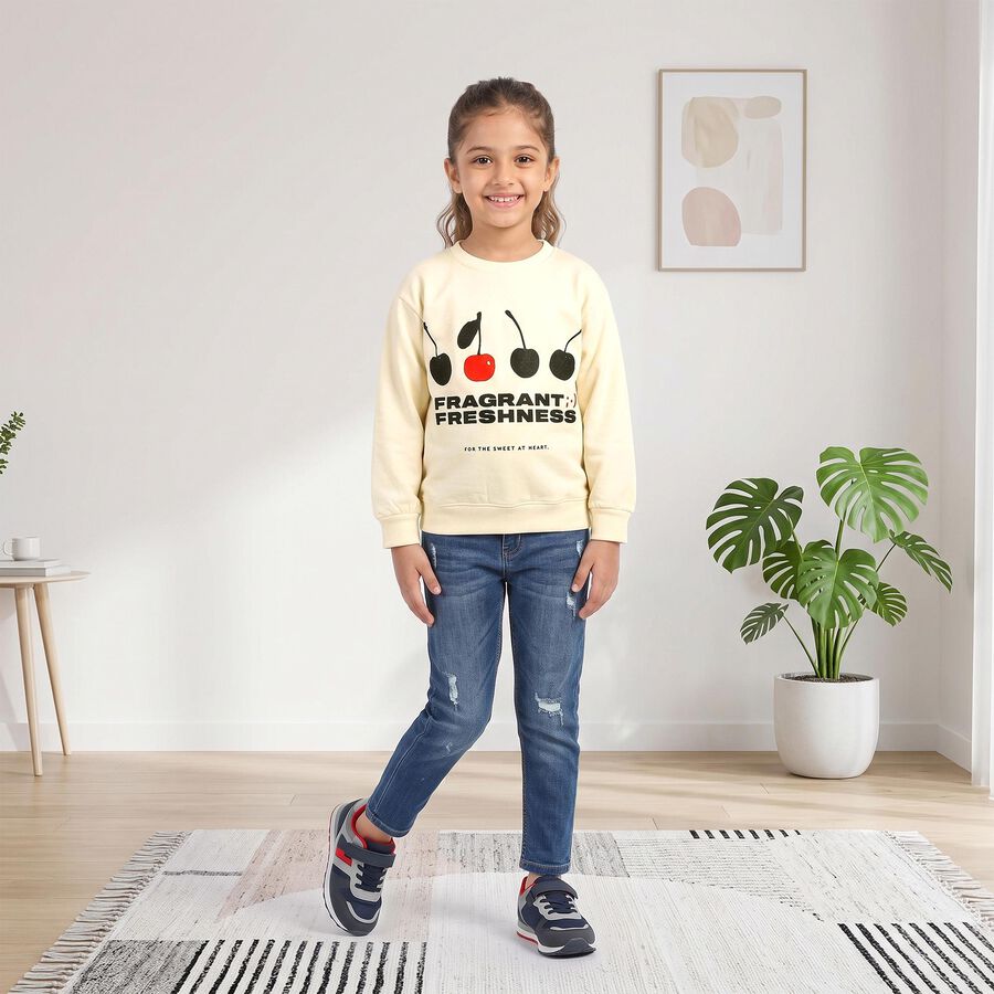 Girls' Cream Crew Neck Graphic Print Sweatshirt, ऑफ व्हाइट, large