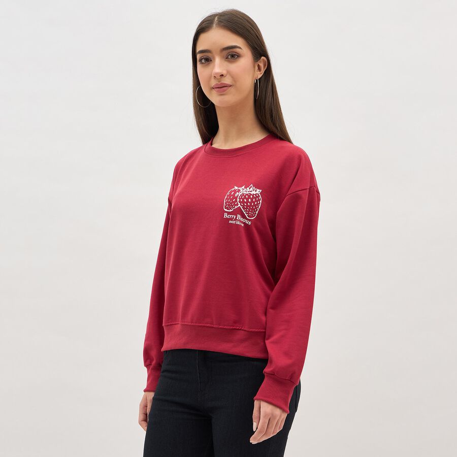 Women's Deep Cherry Red Crew Neck Casual Sweatshirt, Red, large image number null