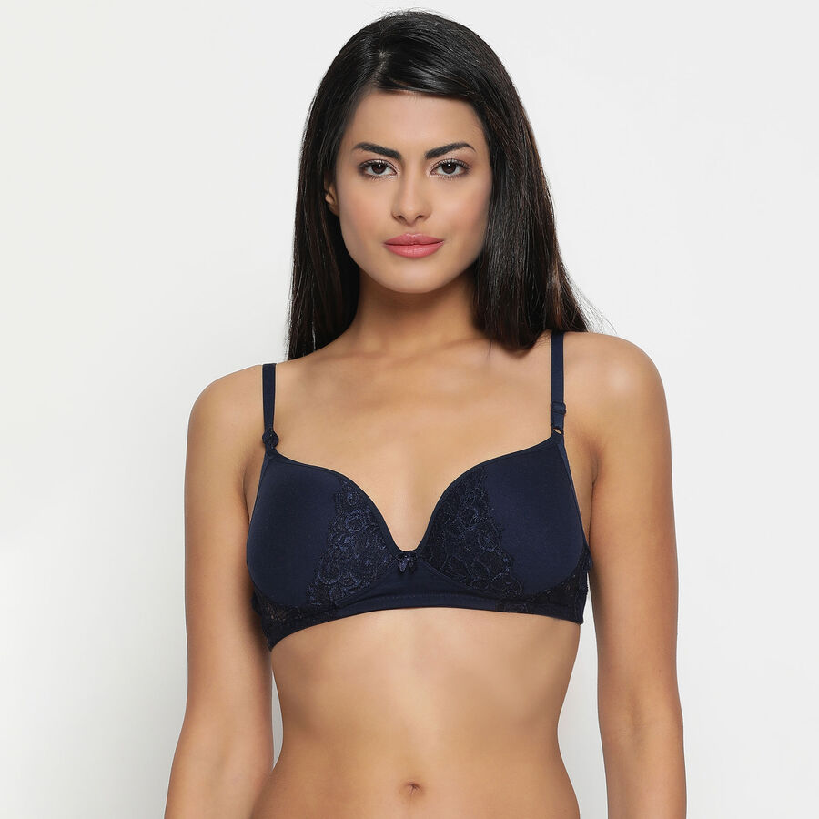 Half Lace Padded Bra, Navy Blue, large image number null