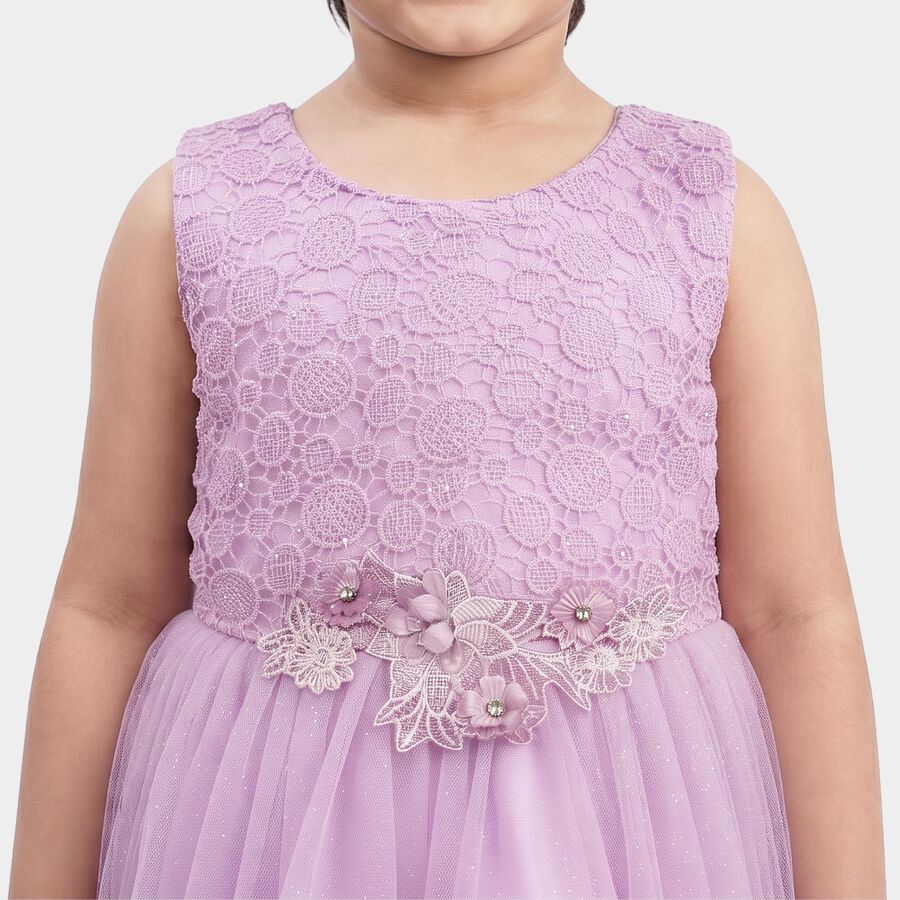 Girls' Lilac Sleeveless Lace Applique Fit and Flare Frock, लाइलेक, large