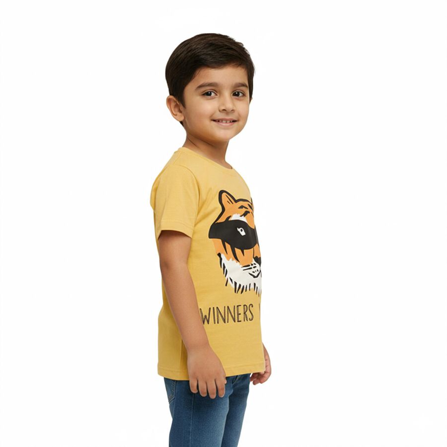 Boys Mustard Yellow Cotton Round Neck Casual T-Shirt, पीला, large image number null