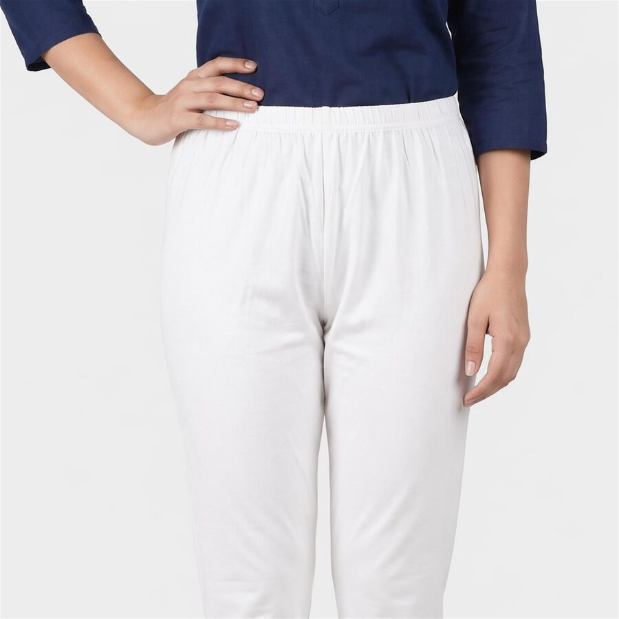 Women's White Cotton Blend Elastic Waist Slim Fit Churidar, White, large