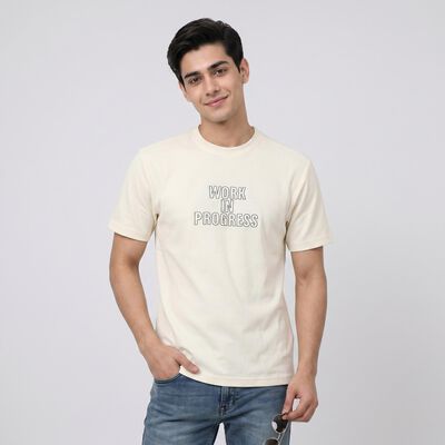 Men's Cream Round Neck Graphic Print T-Shirt