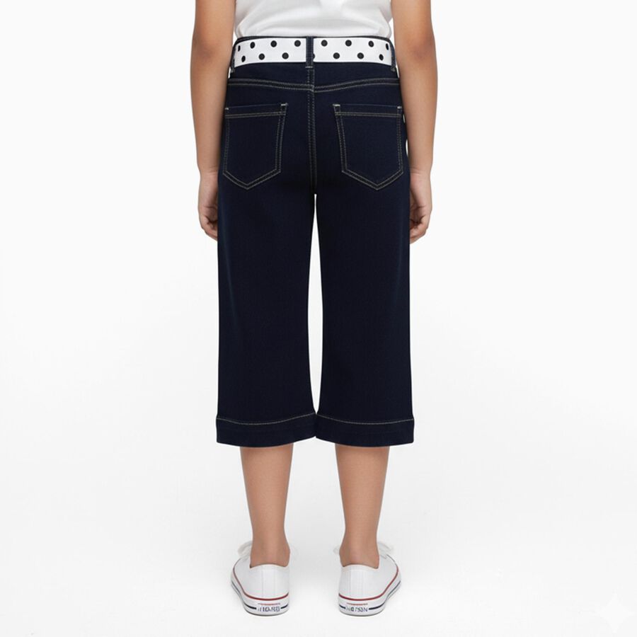 Girls' Deep Navy Blue Cotton Blend Polka Dot Belt Capri, Mid Blue, large image number null